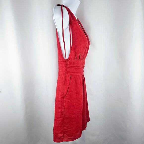 Women's Red Rayon Deep V-Neck Romper With Pockets Size X-Small NWT - Picture 5 of 13